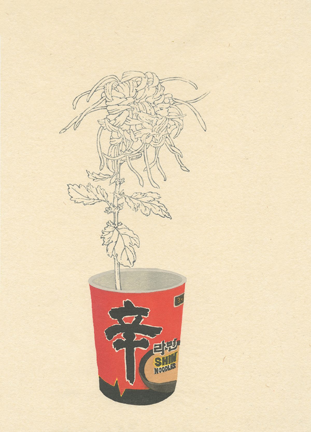 A delicate line drawing of a wilting flower with drooping petals and leaves emerges from a red instant noodle cup printed with bold black kanji characters and branding text, set against a cream-colored background.
