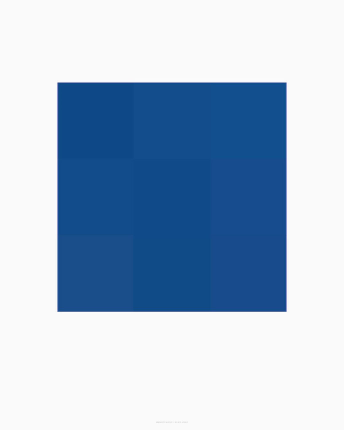 A deep blue square composition centered on a light gray background, displaying subtle tonal gradations and a gentle vertical division down the middle. The work demonstrates a minimalist aesthetic with a focus on color field and atmospheric qualities.