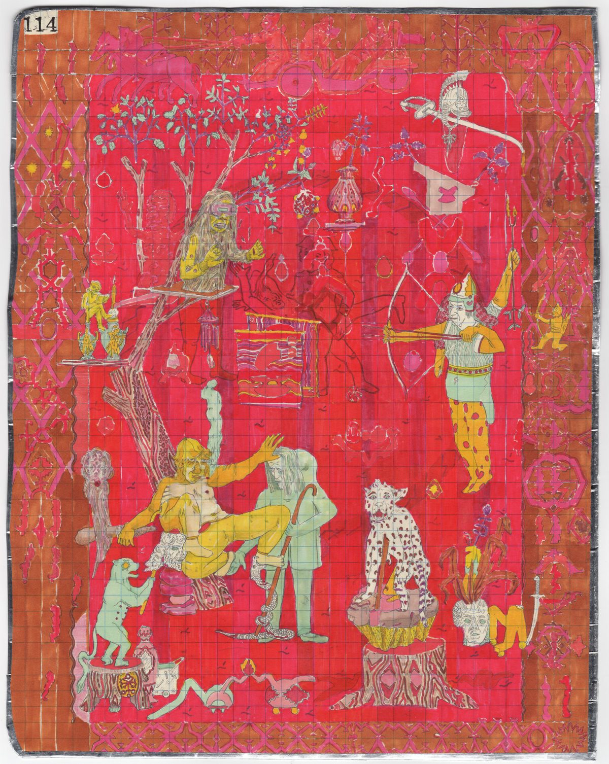 A densely patterned composition on a red background featuring figures in Southeast Asian dress, mythical creatures including a spotted leopard and monkey, ornamental trees, architectural elements, and decorative borders in gold, yellow, and cream tones surrounding the central scene.