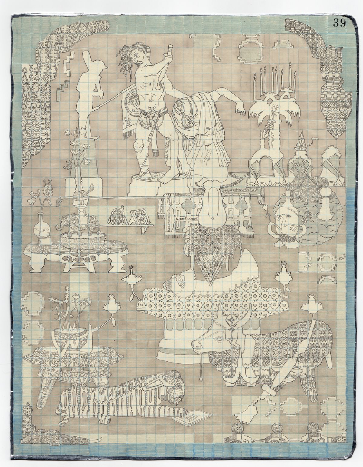 A detailed graphite drawing on gridded paper depicting a surreal, densely populated scene with classical and fantastical elements. The composition features a central standing figure surrounded by ornate architectural structures, decorative objects, animals including zebras and elephants, intricate patterns, and ornamental details arranged in a complex, layered arrangement across the page.