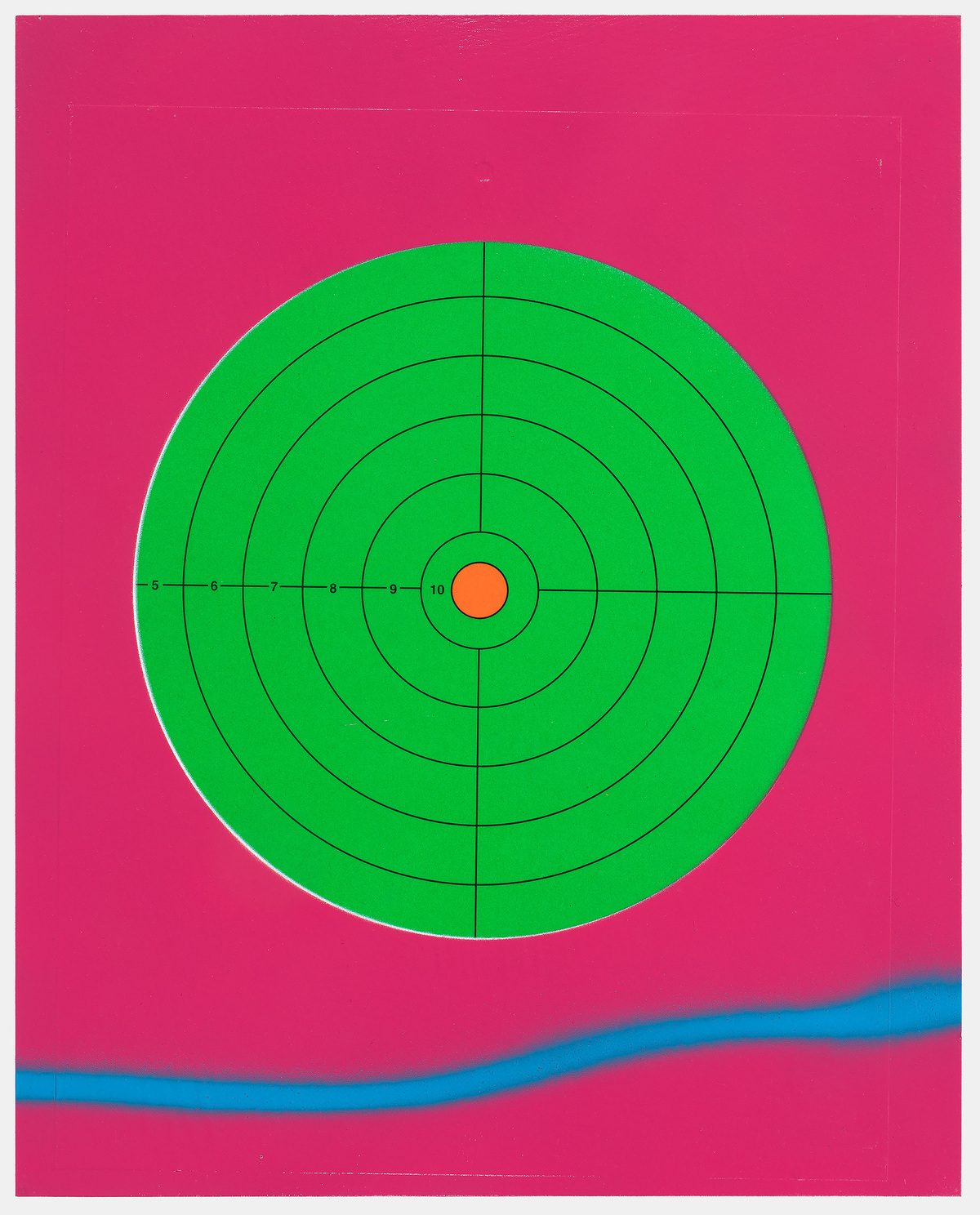 Concentric circles in bright green with black radial lines and a horizontal axis, centered with a small orange circle, set against a vivid magenta background with a diagonal teal stripe across the lower edge.