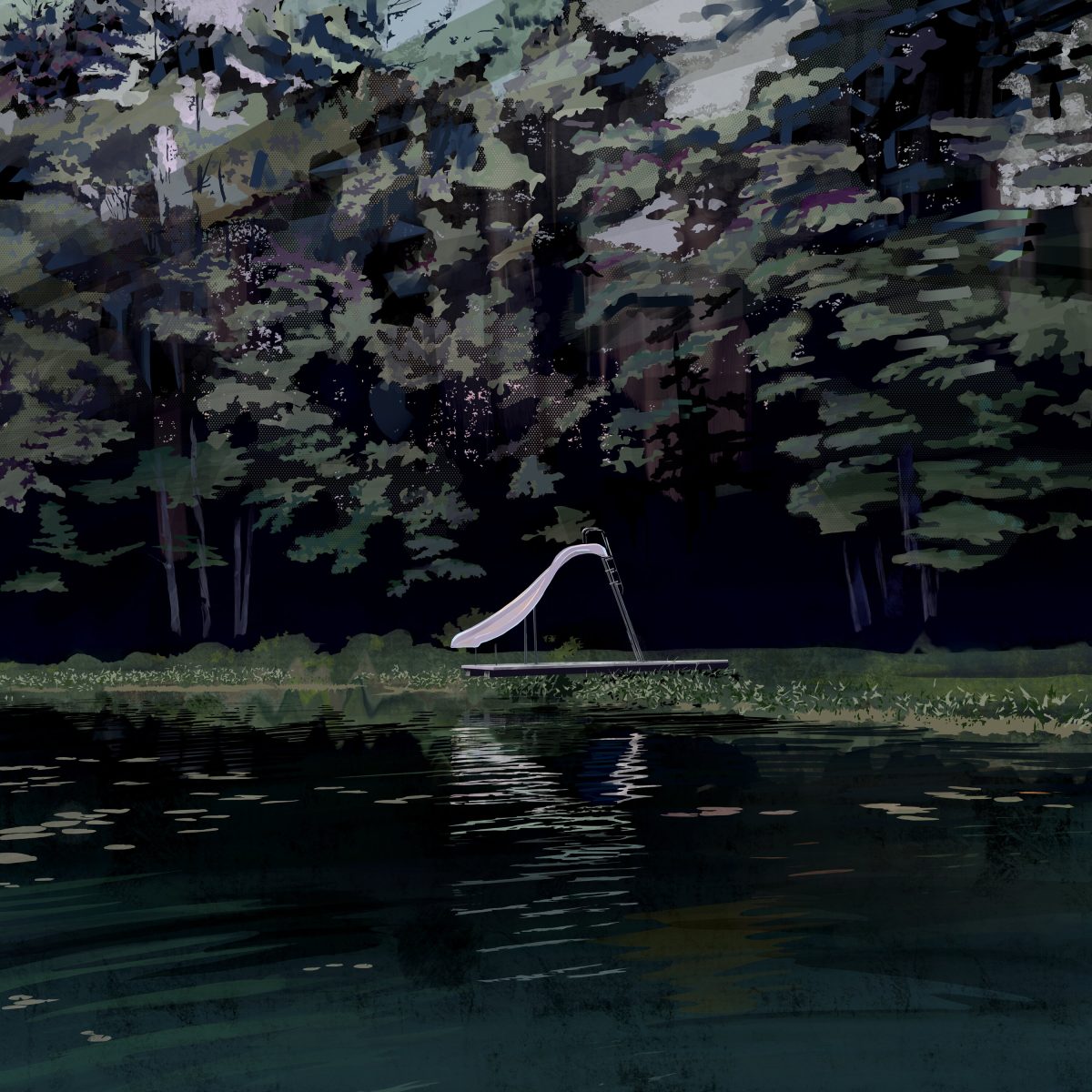 A minimalist landscape depicts a white playground slide positioned against a dense, dark forest canopy reflected in still water below. The composition uses muted greens, blacks, and blues with a grainy, layered print quality that creates atmospheric depth between the foreground water and shadowed treeline.