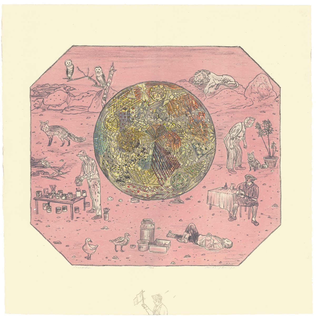 A surreal color lithograph depicting a dusty pink landscape with various figures and animals surrounding a large golden celestial sphere at center. The sphere's interior contains intricate, densely-packed imagery in gold and earth tones. Scattered around the barren terrain are human figures engaged in different activities, small animals including owls and a fox, potted plants, tables with objects, and architectural elements, all rendered in a detailed, hand-drawn style with subtle color variations and stamped textures.