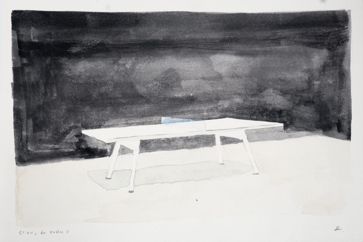 A minimalist watercolor study depicting a white modern table with angled legs set against a dark, atmospheric background rendered in charcoal or graphite. The composition contrasts the crisp geometric form of the furniture with the soft, gestural marks of the stormy backdrop.