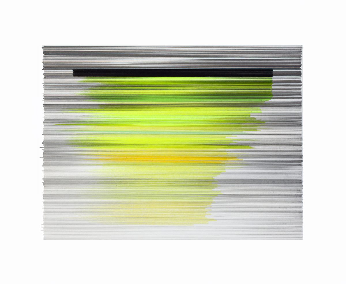 Horizontal composition with fine parallel graphite lines covering the entire surface, overlaid with a luminous gradient form in shades of bright green and yellow that suggests an organic, sun-like shape against the linear gray background.
