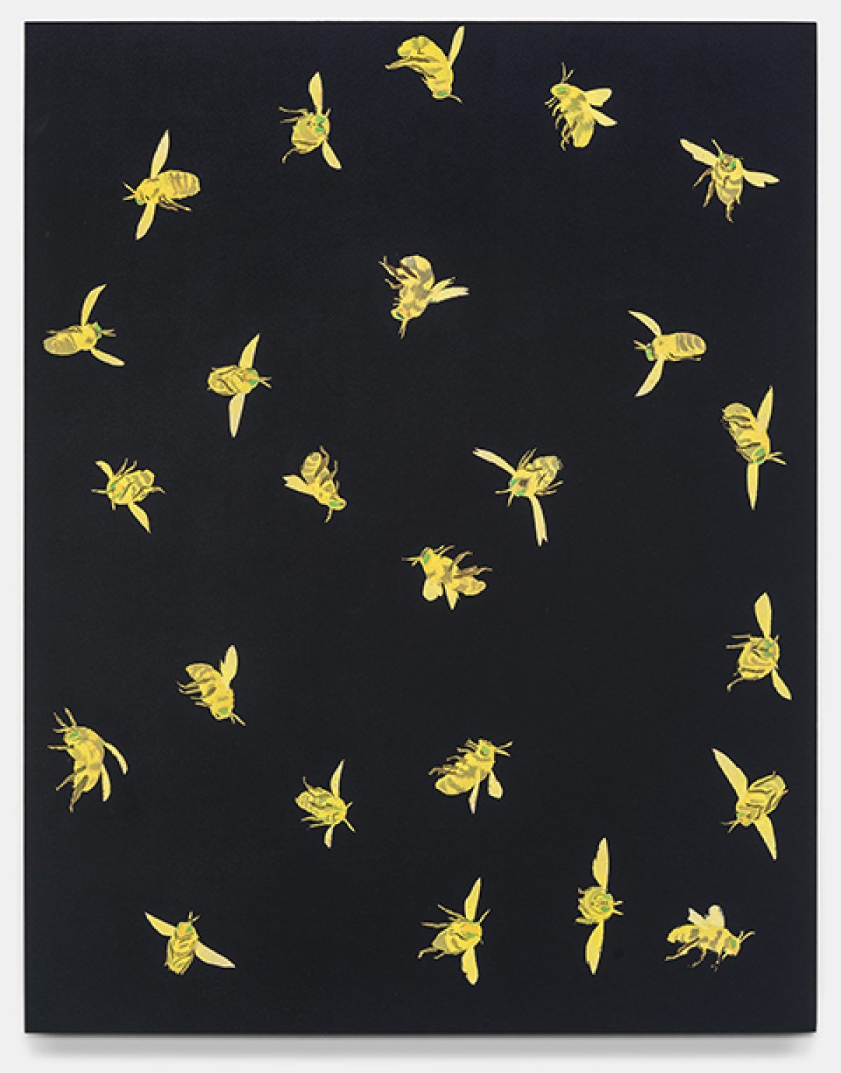 Golden yellow bees rendered in acrylic scatter across a dark black linen canvas in varying orientations and sizes, creating a dynamic composition against the neutral background.