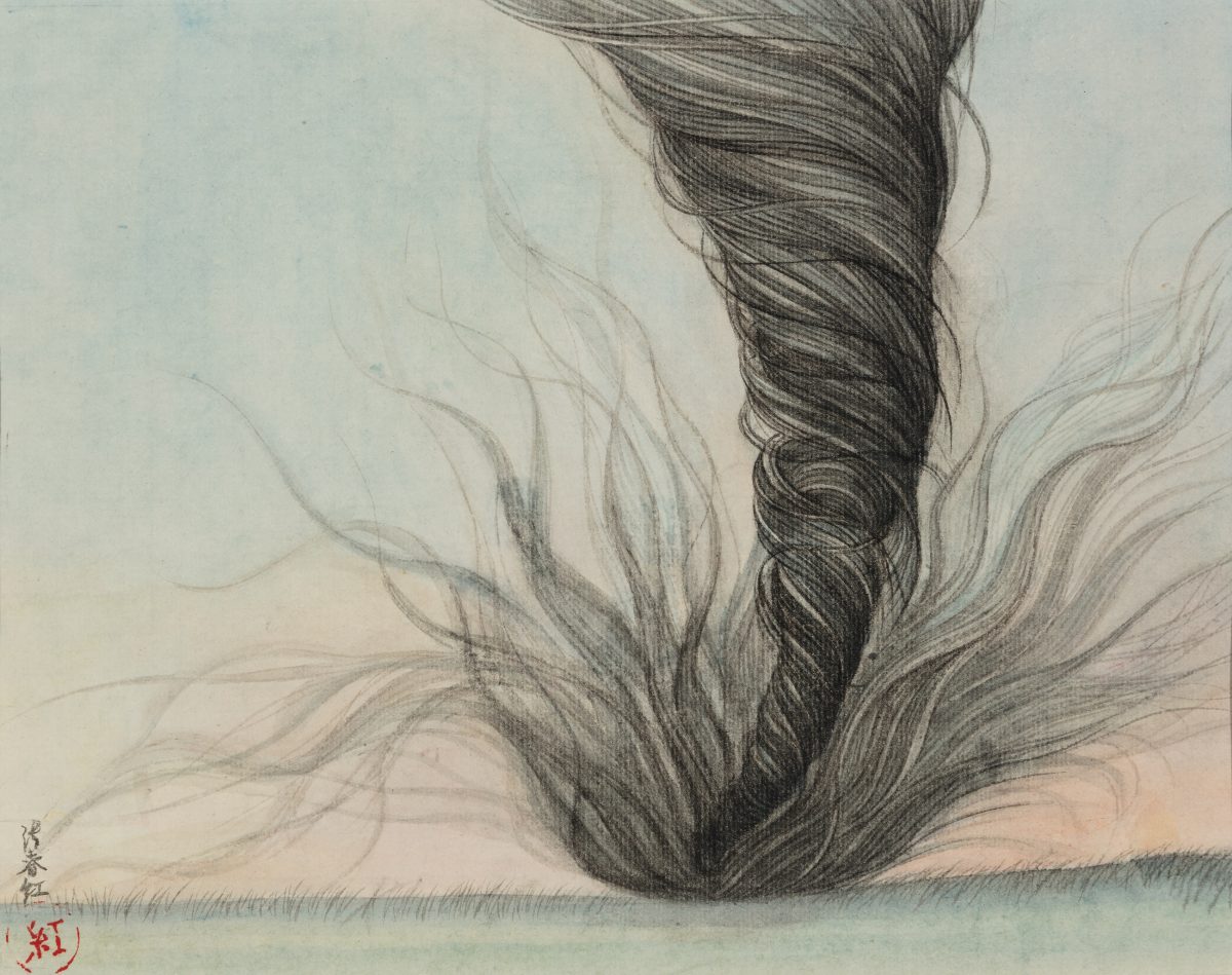 A delicate drawing of a braided ponytail rendered in dark graphite and ink, with loose strands flowing outward. Soft watercolor washes in pale peach and blue-green tones suggest a subtle background and ground, while fine linear details convey the texture of individual hair strands.