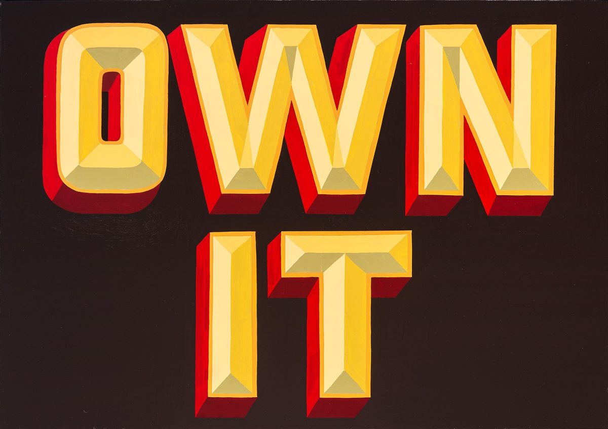 Bold, three-dimensional gold letters spelling "OWN IT" rendered in vibrant yellow with red shadowing against a dark brown background. The letters have a faceted, beveled appearance that creates strong depth and luminosity through layered geometric shading.