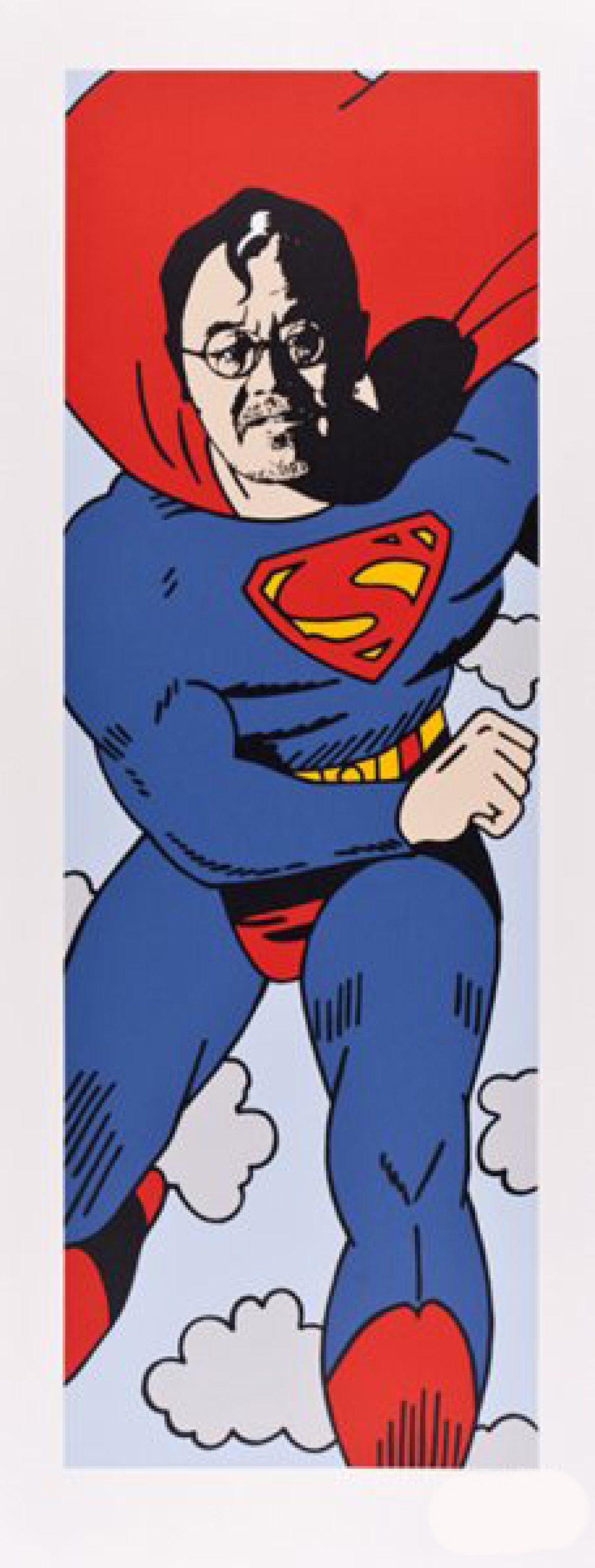 A stylized portrait of a man's face with exaggerated features in black ink superimposed over a figure in a bright blue superhero costume with a red cape and iconic shield emblem, set against a red background with white clouds. The composition uses bold graphic lines and a limited color palette of red, blue, black, and white in a pop art style.