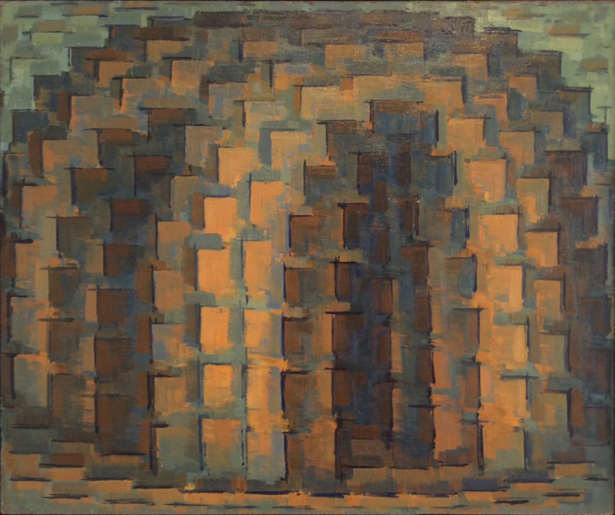 Abstract composition of overlapping rectangular forms in warm oranges and browns, layered with cooler grays and greens, creating a three-dimensional effect through careful use of shadow and depth. The geometric blocks are arranged in a densely packed, staggered pattern that suggests an excavated or quarried landscape.