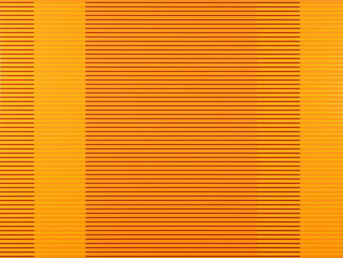 Geometric abstraction composed of three vertical sections with horizontal striping in varying densities. The left and right sections feature tightly spaced dark orange lines on a bright yellow ground, while the wider central section displays looser horizontal stripes in orange and yellow tones, creating a rhythmic visual pattern across the composition.
