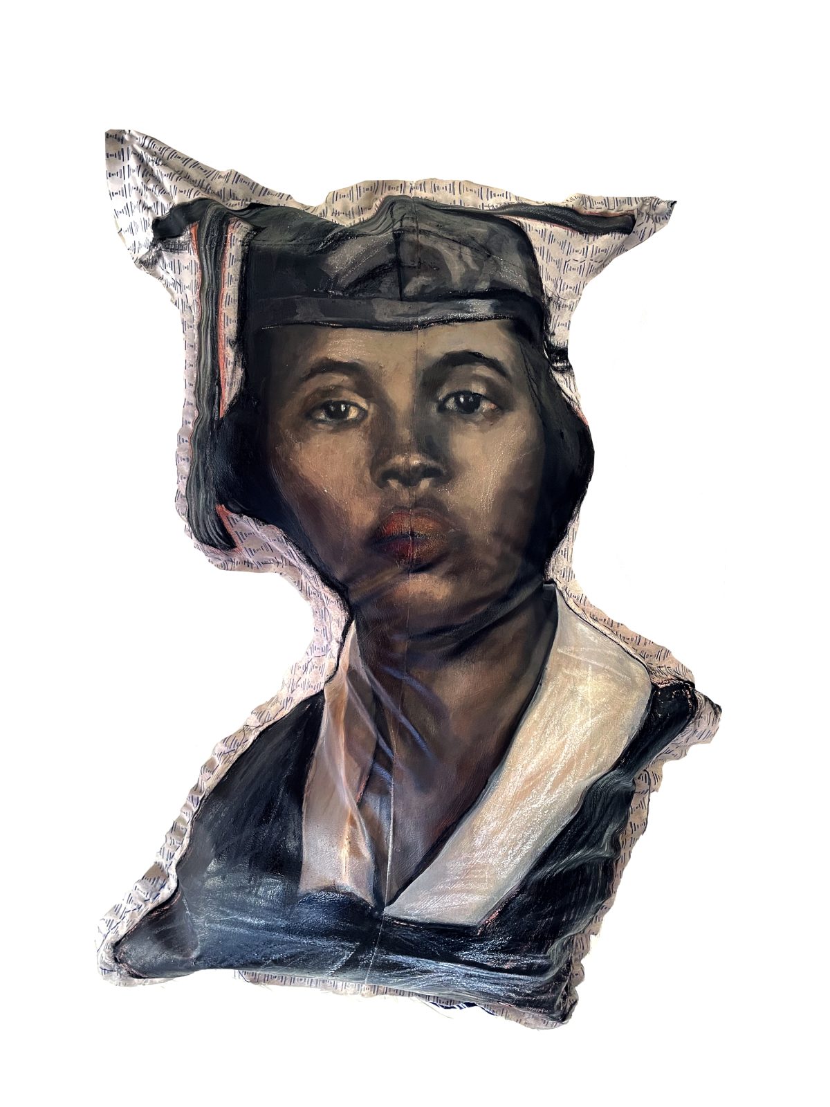Portrait bust of a person with dark hair and a head wrap, painted in muted earth tones and blacks. The figure wears a dark jacket with a cream-colored collar against a light background with text-like markings, rendered in mixed media with visible brushwork and layered materials creating an expressive, sculptural quality.