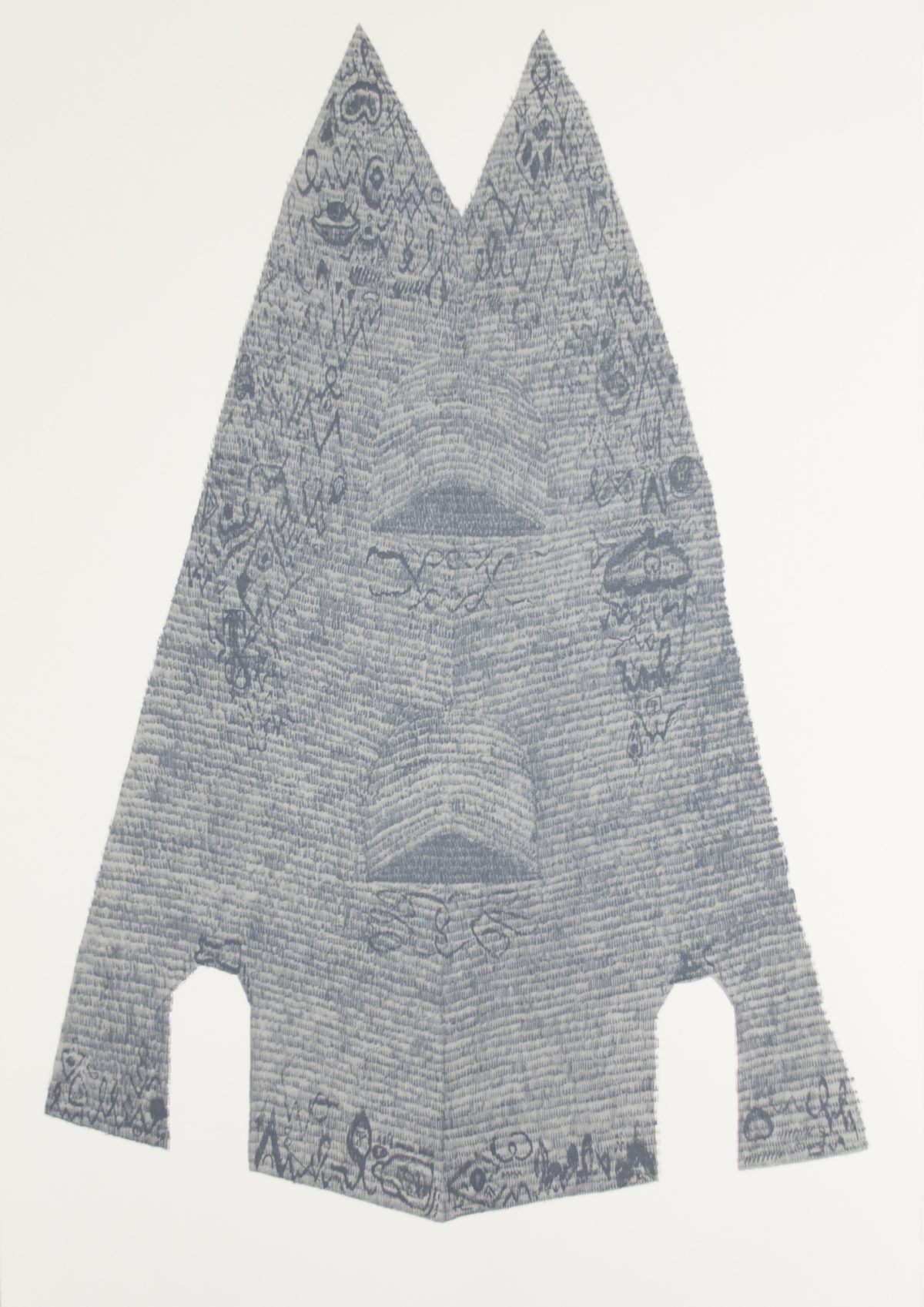 A tall, pointed triangular form with two peaks rendered in screenprinted graphite, filled with dense horizontal lines and intricate patterned imagery. Two rectangular cutouts at the base create an arch-like negative space, while decorative motifs and textural marks emerge across the surface.