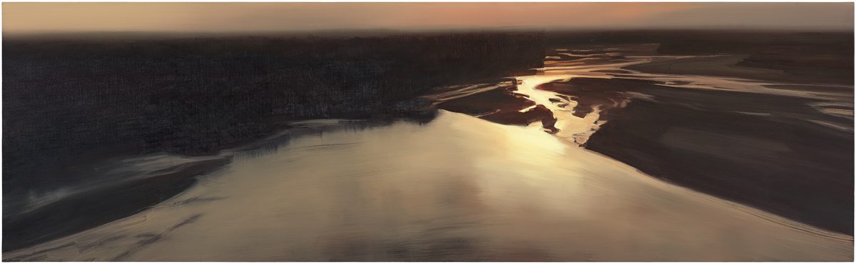 Aerial landscape painting depicting a winding river with pale cream-colored water cutting through dark forested terrain, rendered in warm golden light against shadowed banks. The elongated composition emphasizes the river's serpentine path through the landscape, with gestural brushwork creating atmospheric depth.