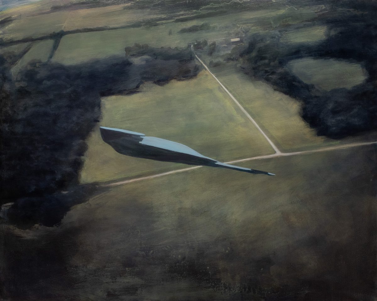 An aerial landscape painting depicting a sleek, elongated boat or vessel rendered in pale blue-white tones, positioned diagonally across tan and olive-green fields bordered by dark forested areas. The composition merges realistic topographical elements with an almost surreal quality, suggesting movement across the geometric agricultural landscape.