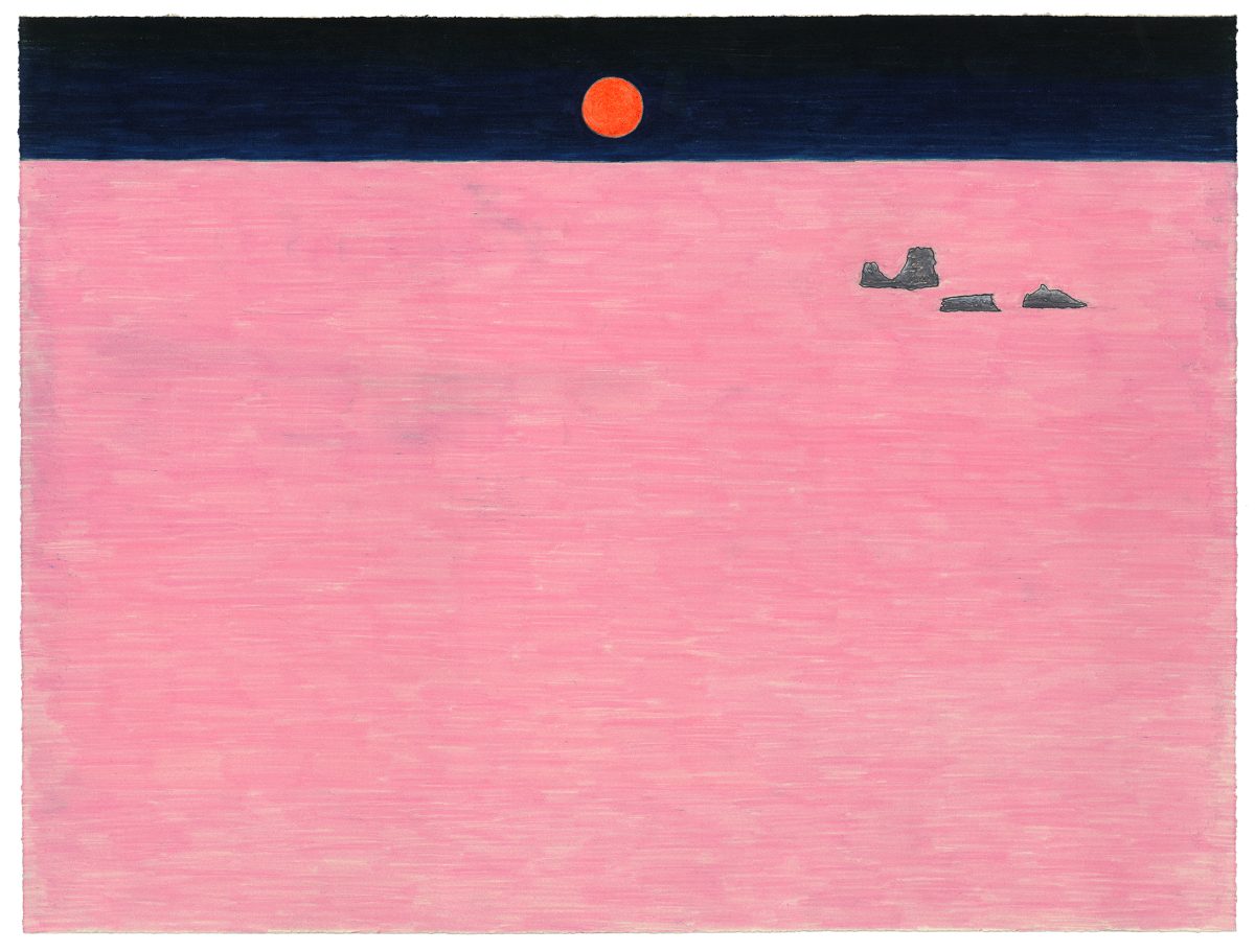 A minimalist landscape divided into a dark navy blue sky and pink plain, with a small red-orange sun centered at the horizon. Three dark gray rocky formations sit in the middle distance on the right side of the composition.