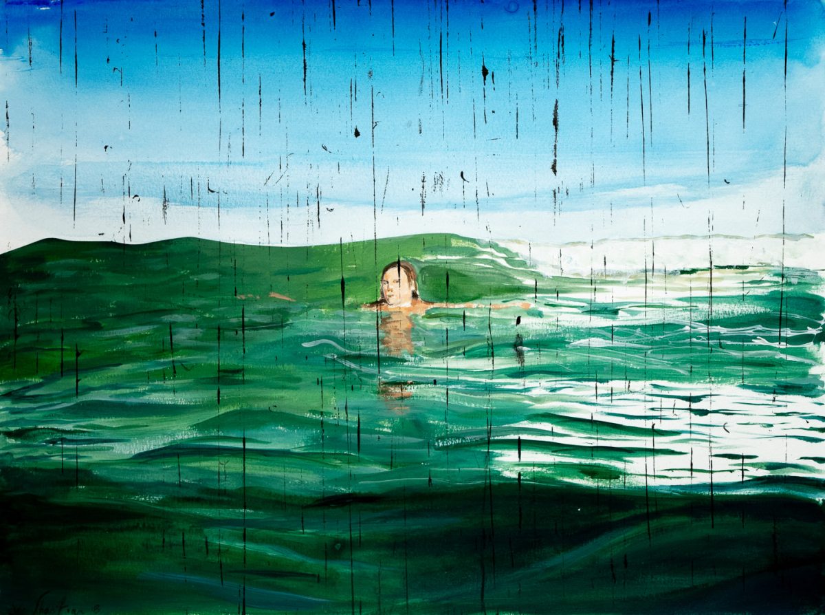 A figure with a contemplative expression emerges from layered emerald and turquoise waters, their head and shoulders visible above the surface. Vertical black lines stream across the composition from sky to water, creating a rain-like or film-strip effect that overlays the landscape of rolling green hills beneath a pale blue sky.