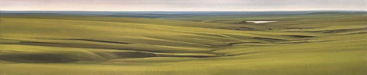 Horizontal landscape painting depicting rolling prairie grasslands in muted greens and ochres, with subtle variations in tone creating depth across gently undulating terrain. A small white water feature and distant horizon line punctuate the expansive, minimalist composition.