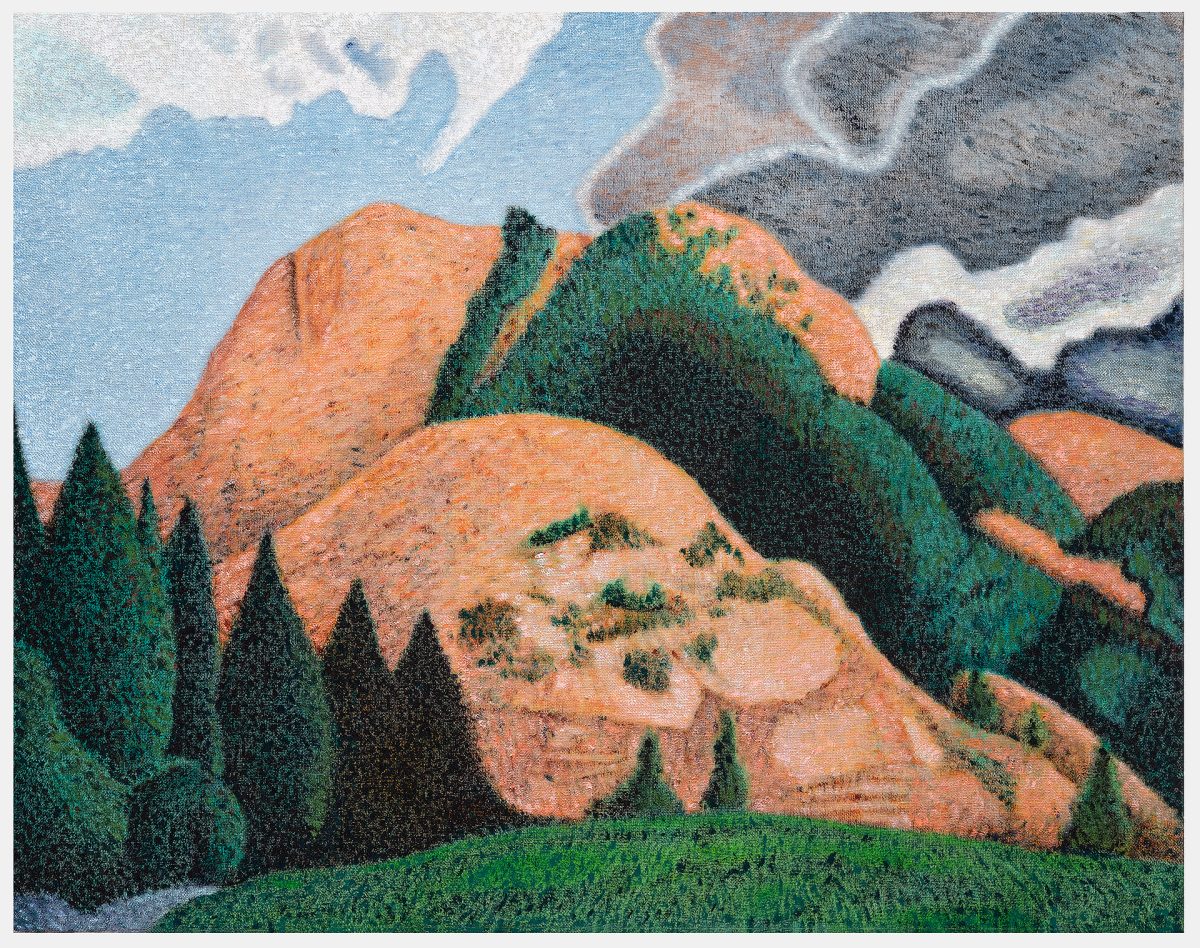 A stylized landscape depicting rolling mountains in warm terracotta and orange tones contrasted with deep green forested slopes and evergreen trees. The composition features bold, simplified forms with a clear division between the verdant foreground and the rocky peaks rising against a pale blue sky with white clouds.