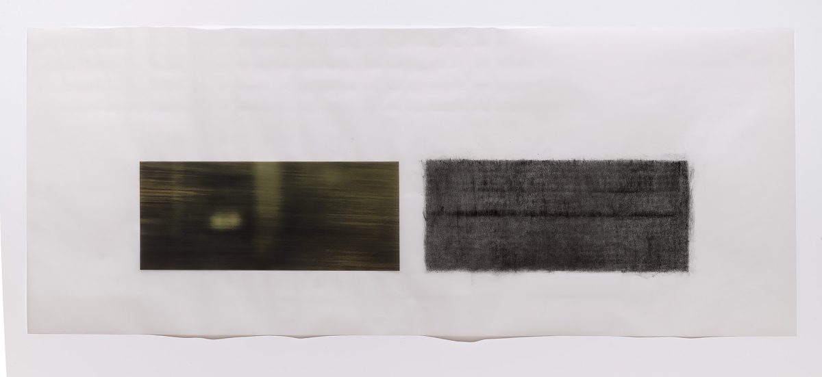 Two horizontal rectangular panels mounted on a light background. The left panel features a dark, atmospheric image with horizontal streaking and a pale central glow. The right panel shows a dense, textured dark surface with a grainy, rubbed quality. Both works demonstrate muted tones in charcoal and olive-brown hues.