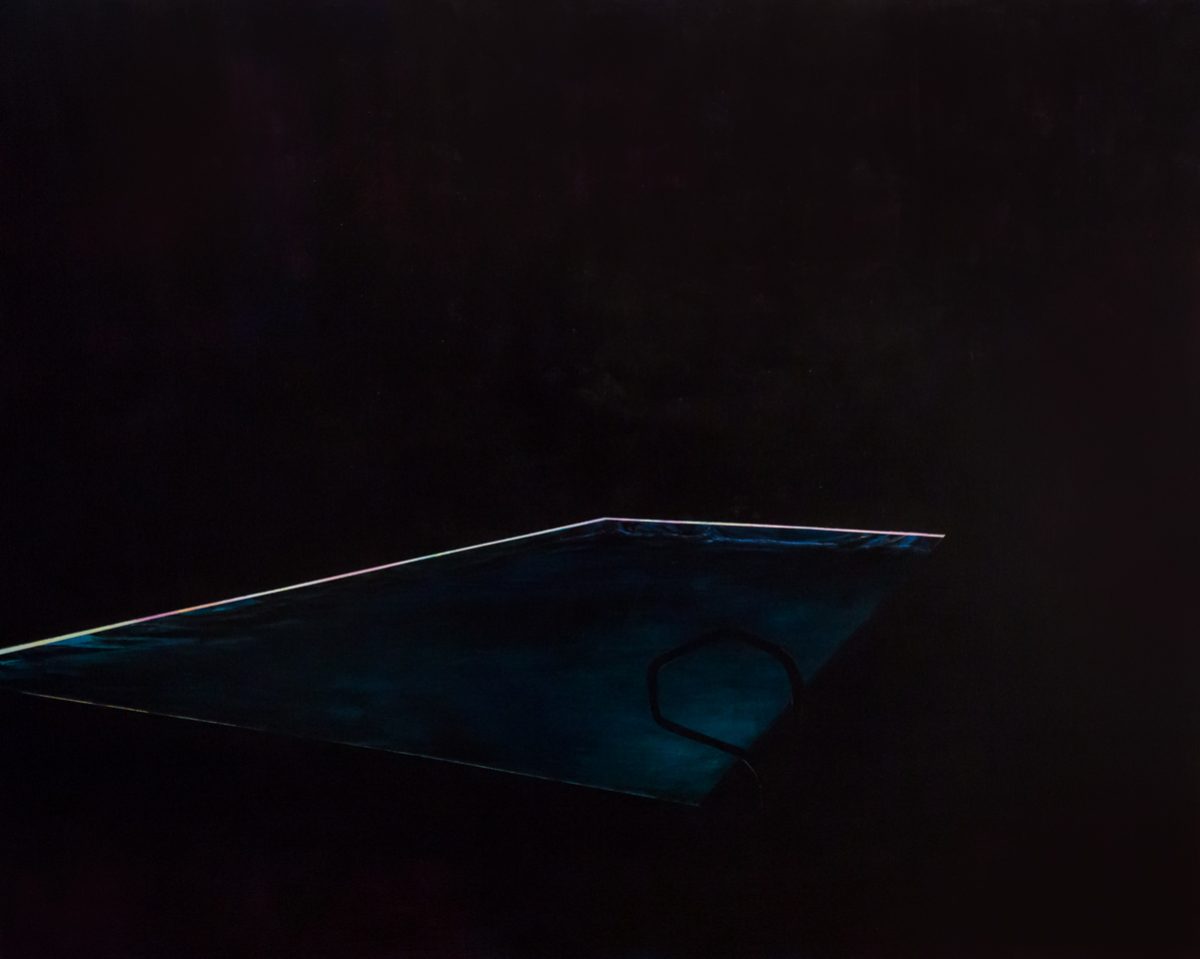 A translucent teal-blue form floats against a dark background, its elongated, leaf-like shape tapering to sharp points at either end. A circular aperture or void is visible within the center of the form, while its upper edge is illuminated with a subtle golden highlight that creates dimensional depth.