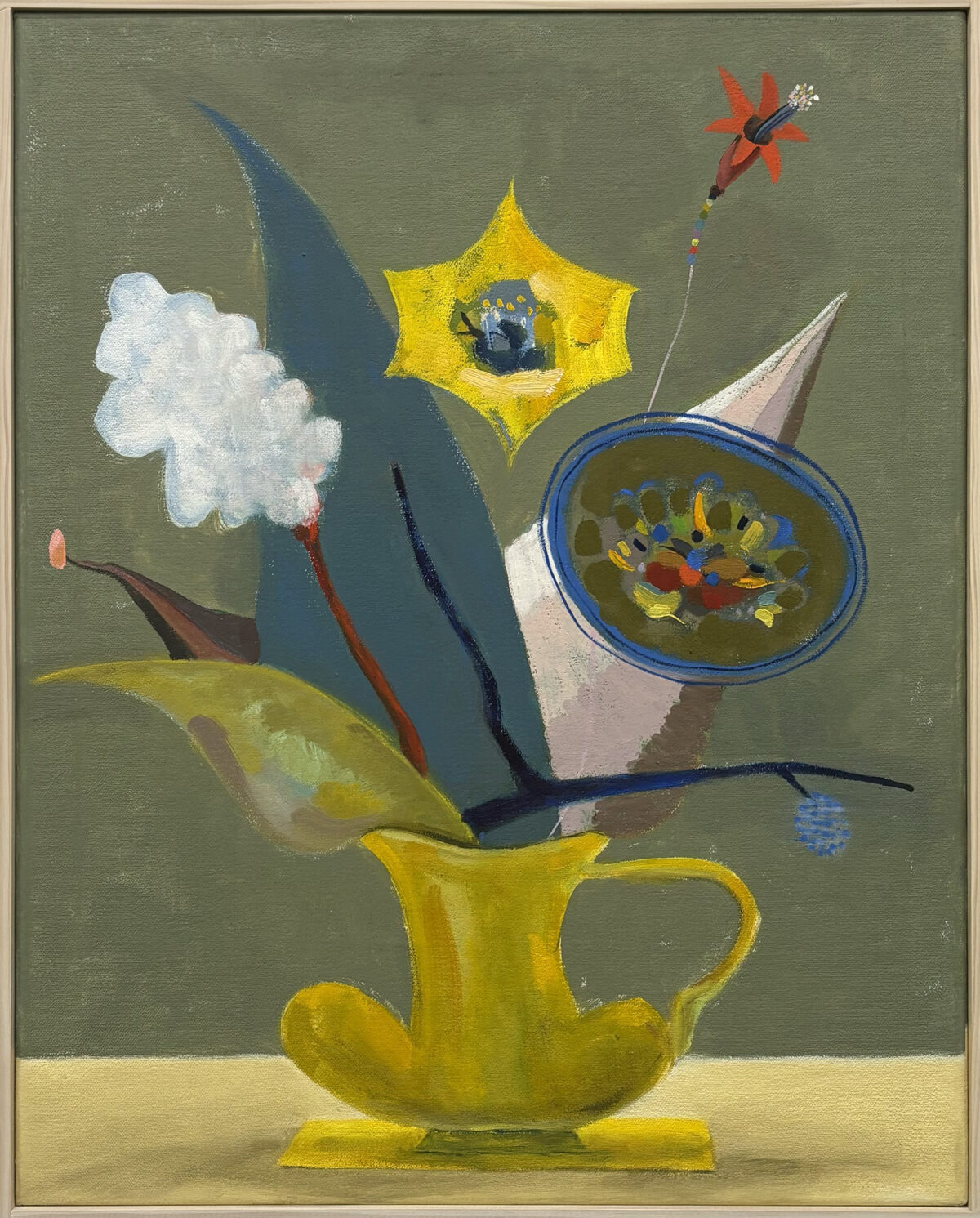 A surreal still life composition featuring a large yellow pitcher as the central vessel, from which emerges an imaginative arrangement of geometric and organic forms against a muted green background. Stylized elements include a white cloud, blue angular shapes, a yellow star containing small figures, a blue bowl with fish, a red kite, and various linear elements, creating a whimsical, dreamlike tableau.