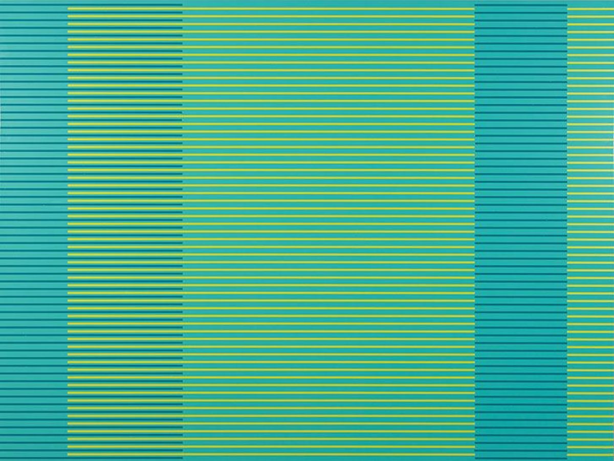 Horizontal stripes in shades of teal, dark teal, and chartreuse yellow create a rhythmic pattern across the composition. The striped field is interrupted by a vertical band of darker teal on the right side, creating a subtle division in the otherwise uniform linear design.