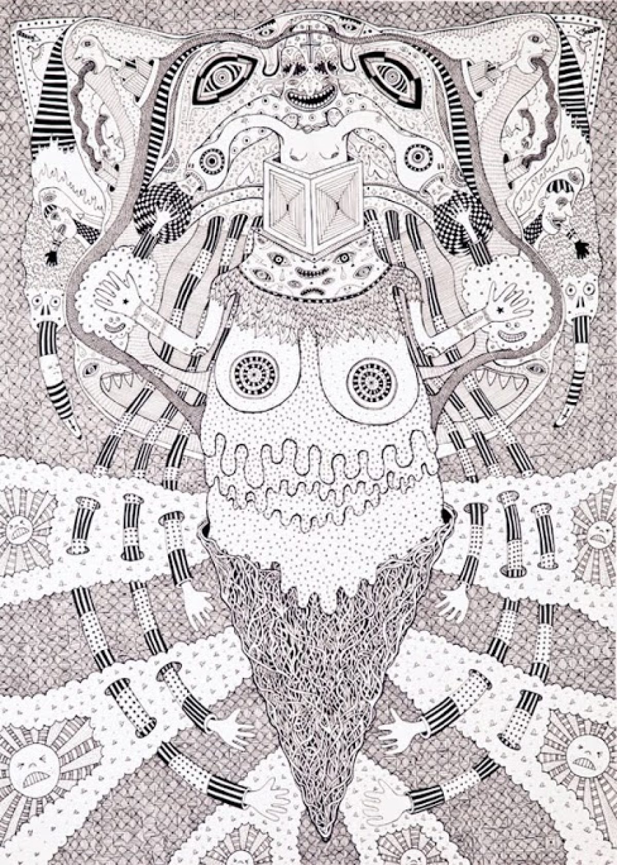 A symmetrical black and white ink drawing featuring an ornate, mask-like face with large circular eyes and geometric patterns, from which an elongated, textured form extends downward. The composition is densely filled with intricate line work, repeated motifs, and decorative elements that create a sense of ritualistic or ceremonial imagery.
