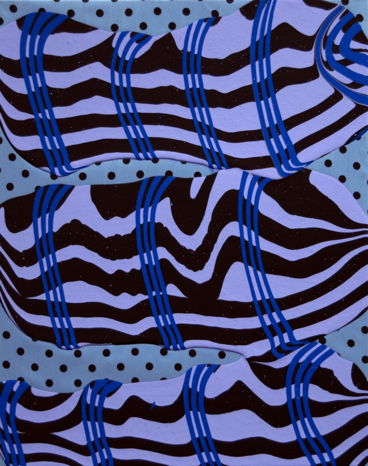 Abstract composition featuring horizontal undulating stripes in black and periwinkle blue, intersected by vertical bands of blue lines creating a grid-like pattern. Small dark circular dots pepper the light blue background areas, while the overall effect suggests movement and optical vibration through the rhythmic interplay of wavy and straight forms.