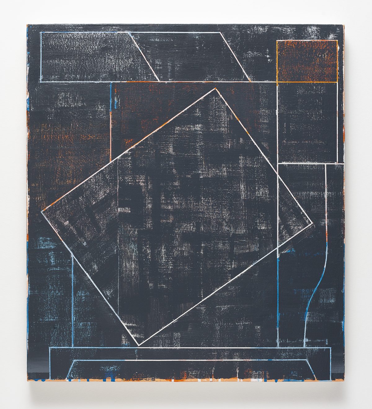 A dark charcoal canvas features geometric shapes outlined in white, blue, and orange lines, including a diamond form rotated at the center and rectangular sections arranged around it. The surface shows visible texture and weathering with areas of rust-colored and blue patina, creating a layered, industrial aesthetic.