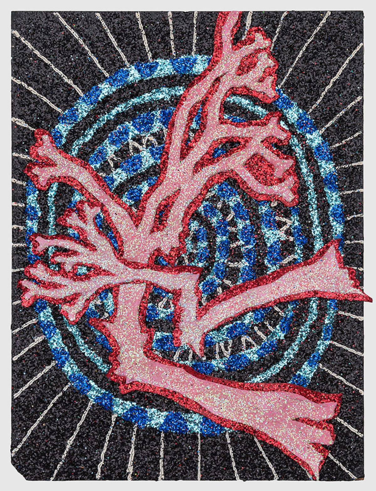 A stylized portrait rendered in red, blue, and cyan glitter with white linear rays emanating from the figure against a dark textured background. The face features bold, expressive contours outlined in red with intricate patterning created through layered sparkly materials.