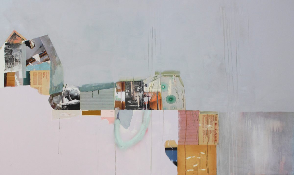 A horizontal collage combining photographs, painted sections, and architectural imagery. Layered elements include corrugated metal panels, interior domestic spaces, architectural drawings, and soft washes of pink, green, and ochre paint, creating an abstracted landscape-like composition that reads from left to right with varying depths and transparency.