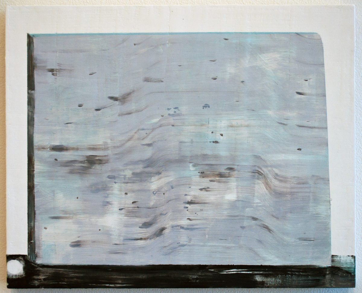 Abstract painting on panel featuring soft, gestural brushstrokes in pale blues, grays, and whites with darker brown and black accents scattered across the composition. A bold dark horizontal band frames the bottom of the work, creating stark contrast with the ethereal, layered surface above.