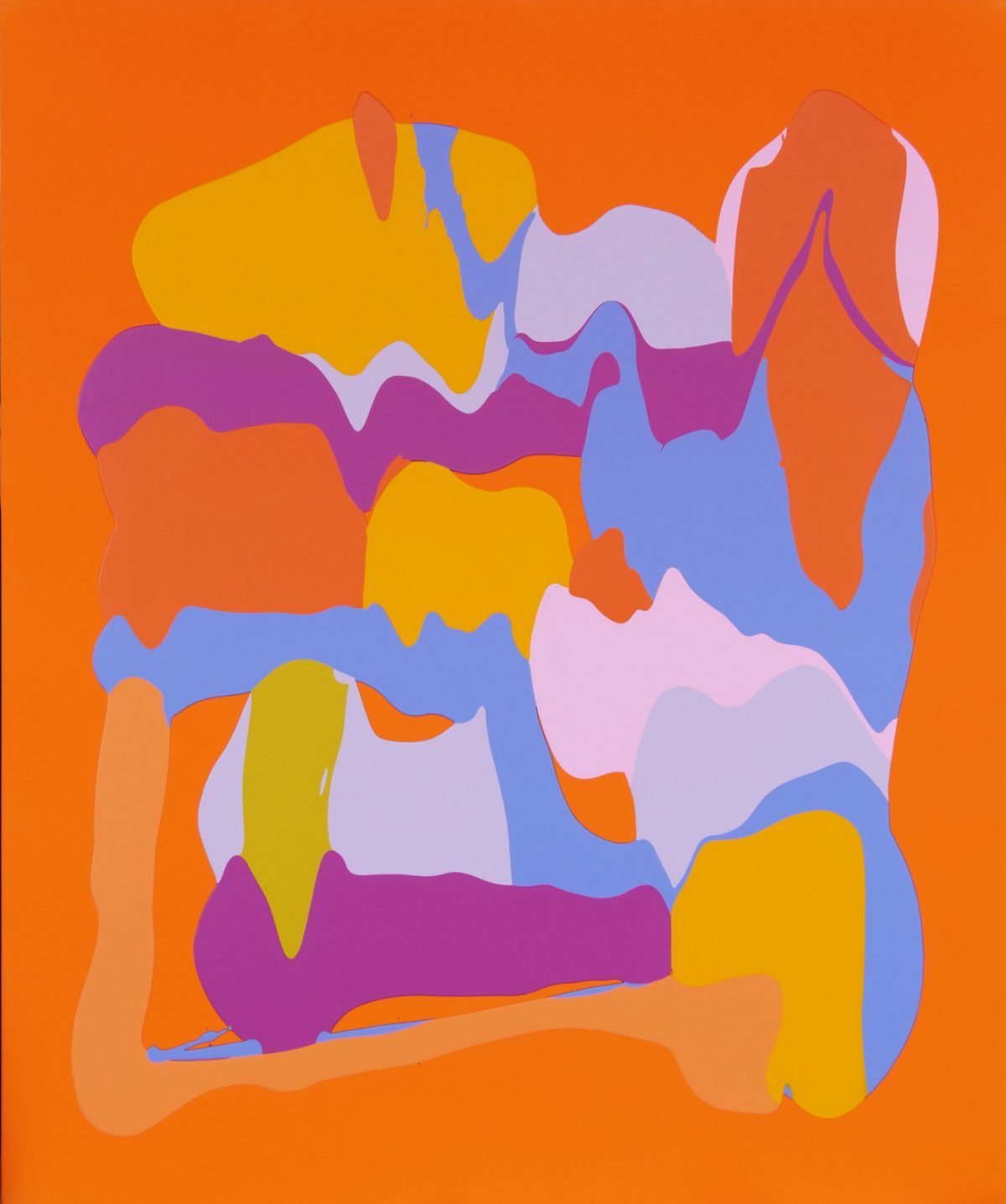 Vibrant abstract composition featuring overlapping organic shapes in shades of blue, yellow, magenta, pink, and coral against a bright orange background. The layered forms create a dynamic, flowing composition with soft, undulating edges.