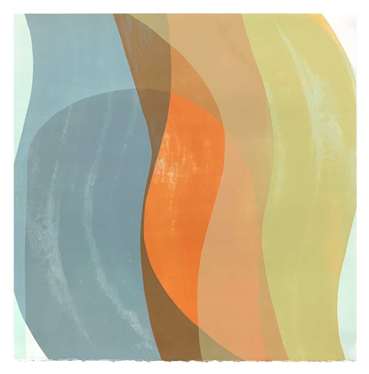 Layered curved bands of translucent color—blue-grey, brown, peach, orange, and pale yellow—overlap and shift across the composition, creating depth through transparency and gentle wave-like forms. The soft, textured surface and muted palette suggest a serene, abstract landscape of flowing organic shapes.