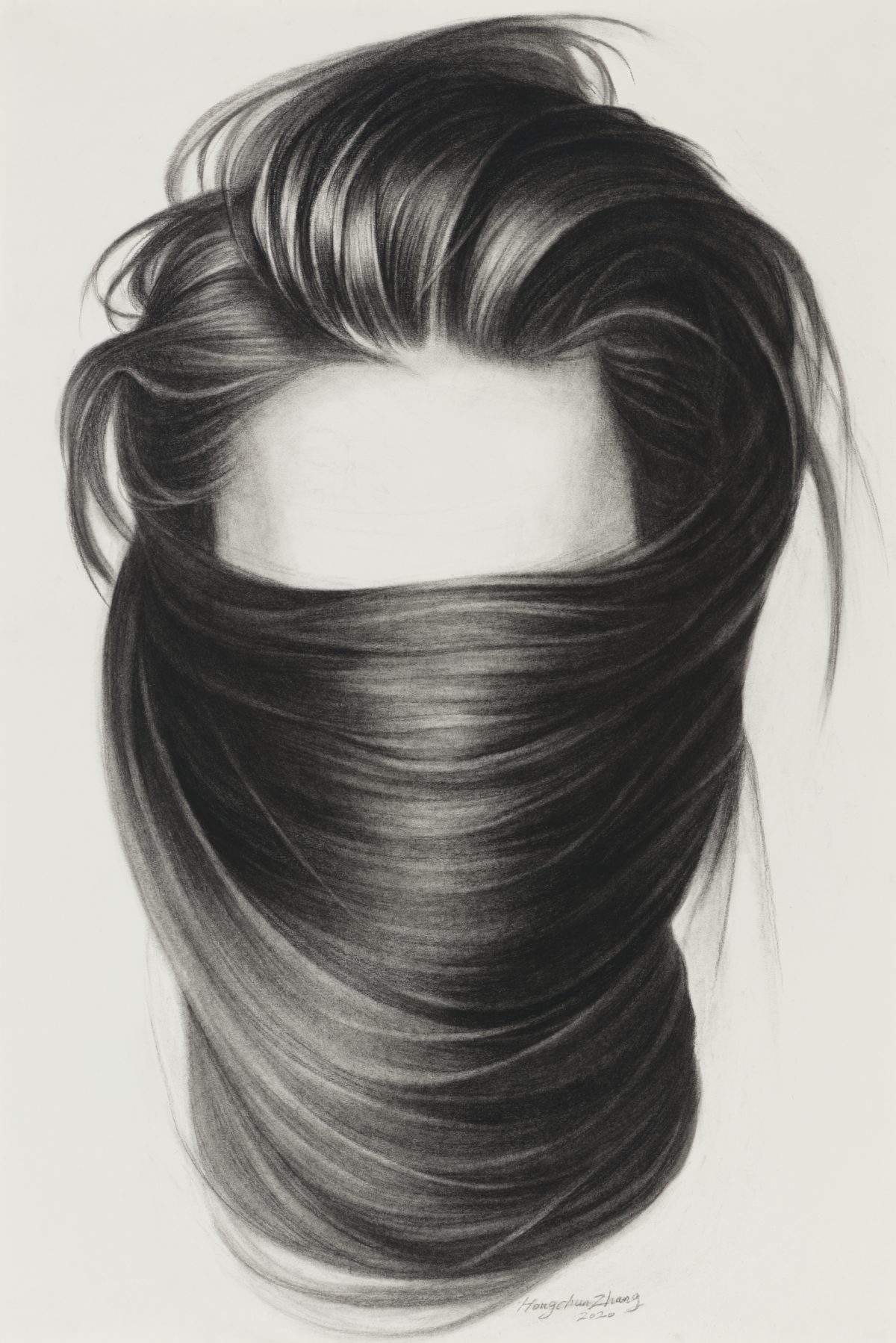 A charcoal drawing on paper depicting a stylized male head and shoulders, with the face obscured by flowing, voluminous dark hair wrapped around the lower half. The upper portion shows carefully rendered hair swept upward with lighter highlights, while the lower section features dramatic, sweeping strokes creating a veil-like drape of hair across the face and neck.