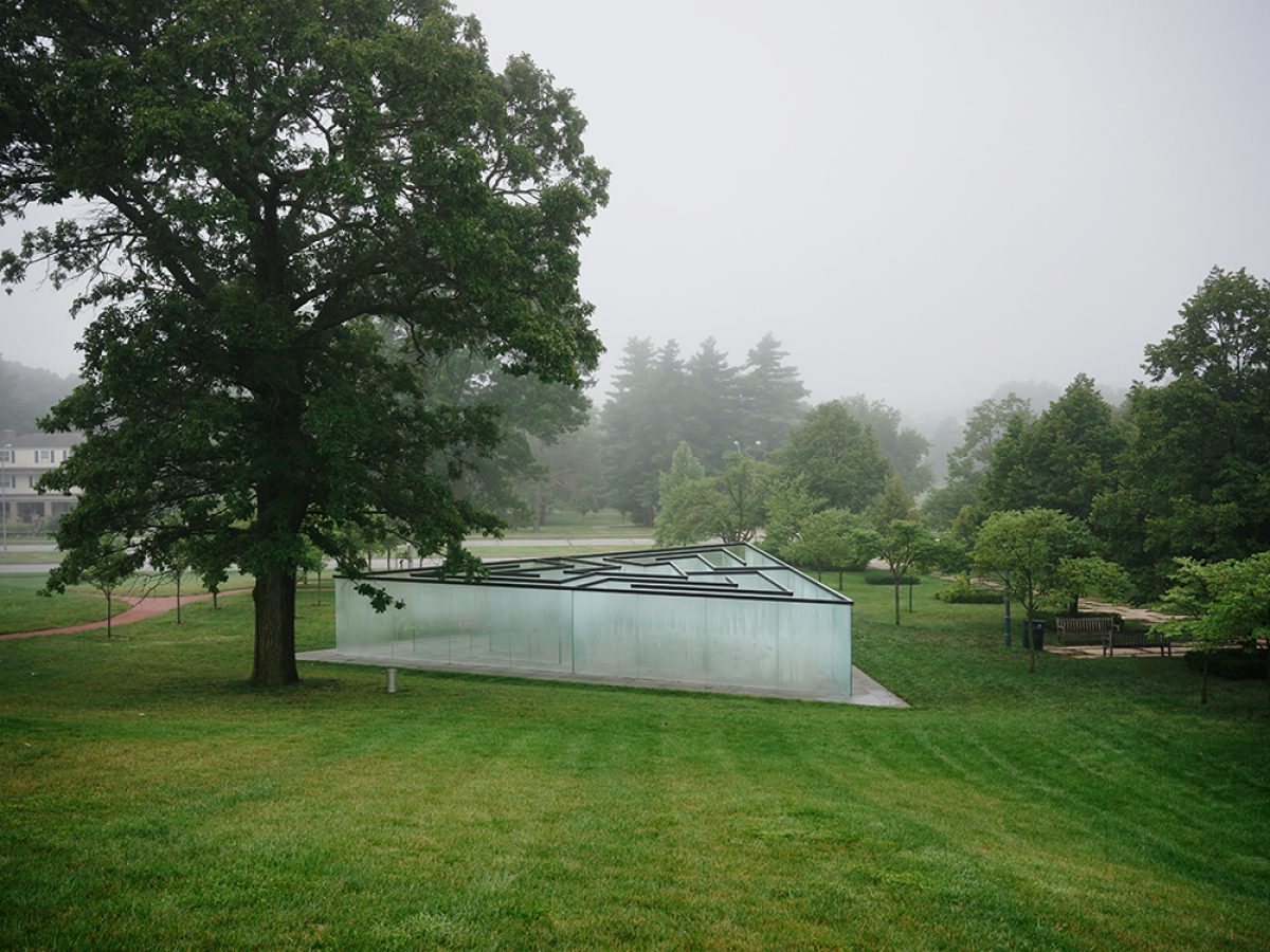 A contemporary white geometric structure with linear black roof elements sits on manicured green lawn beneath a large mature oak tree, surrounded by misty woodland and distant institutional buildings in soft overcast light.