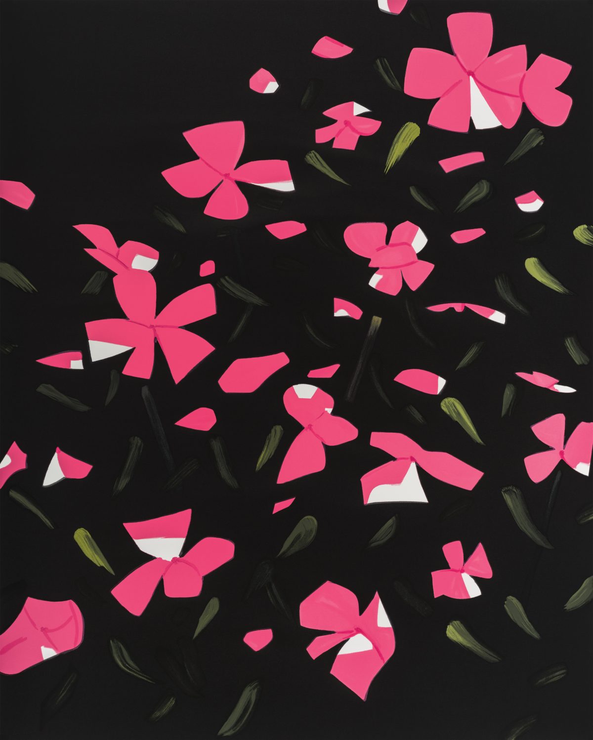 Bright pink stylized flowers with white accents scatter across a black background, interspersed with dark olive-green brushstroke leaves. The composition uses flat, geometric petal shapes rendered in vibrant contrasting colors against the dark field.