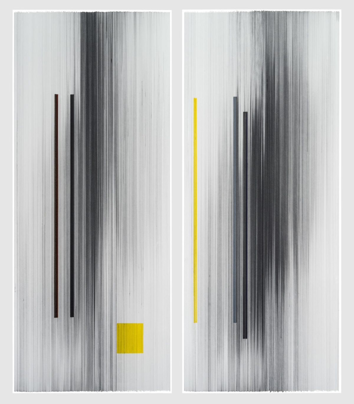 Two vertical panels filled with dense, parallel graphite lines creating a textured, striped surface. Dark brown and black vertical bars appear in the upper portion of the left panel, while a bright yellow square sits in the lower center. The right panel features a yellow vertical line in the upper-middle section and dark gray and black bars, maintaining the same linear background texture throughout both compositions.