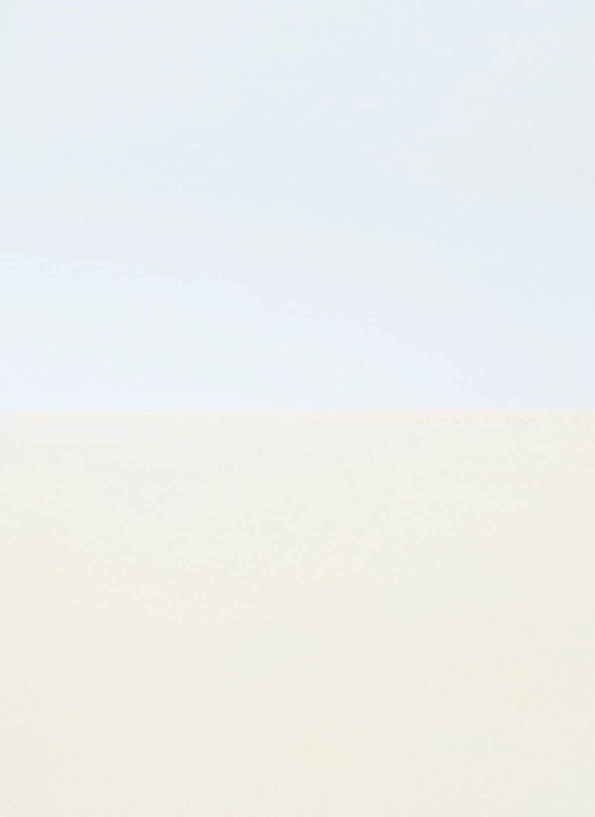 Minimalist composition divided horizontally into two soft color fields—pale blue-gray above and warm beige below—creating a serene, atmospheric study in subtle tonal gradation.
