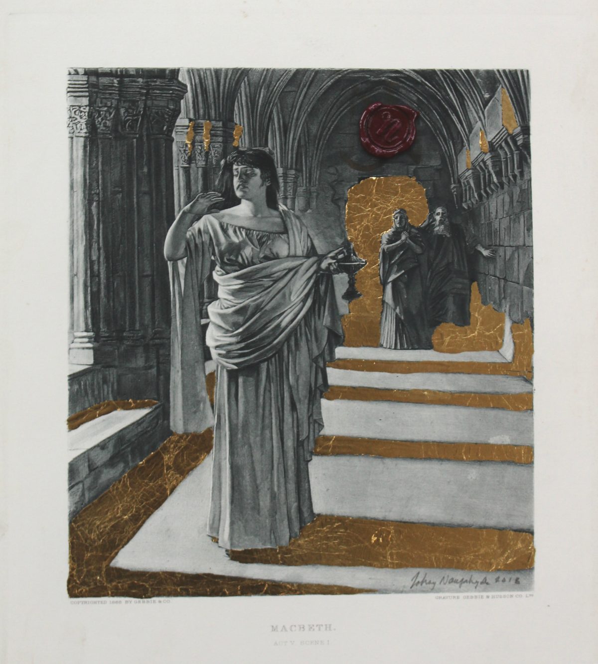 A classical female figure in flowing robes stands within an ornate cathedral interior, gesturing dramatically toward a gilded archway where two shadowy figures emerge. The composition combines detailed graphite rendering of Gothic architecture with bold gold leaf accents applied to the floor, archway, and surrounding surfaces, creating striking contrast against the monochromatic background.