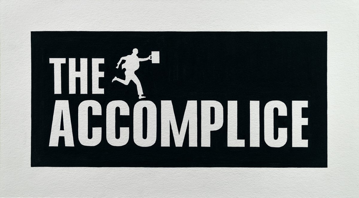 A stylized silhouette of a figure in dynamic motion leaps across a black rectangular field, holding a briefcase aloft. Bold white sans-serif typography reads "THE ACCOMPLICE," with the figure integrated into the composition between the words. The stark graphic design employs a high-contrast black and white palette characteristic of mid-century modernist poster art.