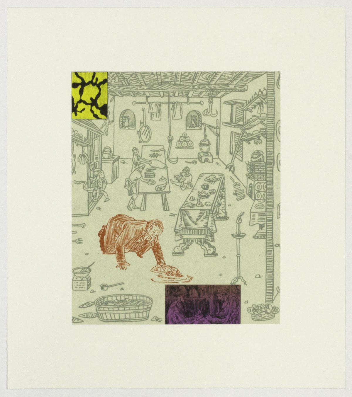 A six-color lithograph depicting a historical interior scene with figures engaged in various domestic activities. The composition features a central figure in reddish-brown tones bending over in the foreground, surrounded by a detailed architectural interior rendered in pale green and black line work. Bright yellow and dark purple rectangular sections are overlaid on the composition, creating a contemporary collage effect that interrupts the traditional engraving-style illustration.