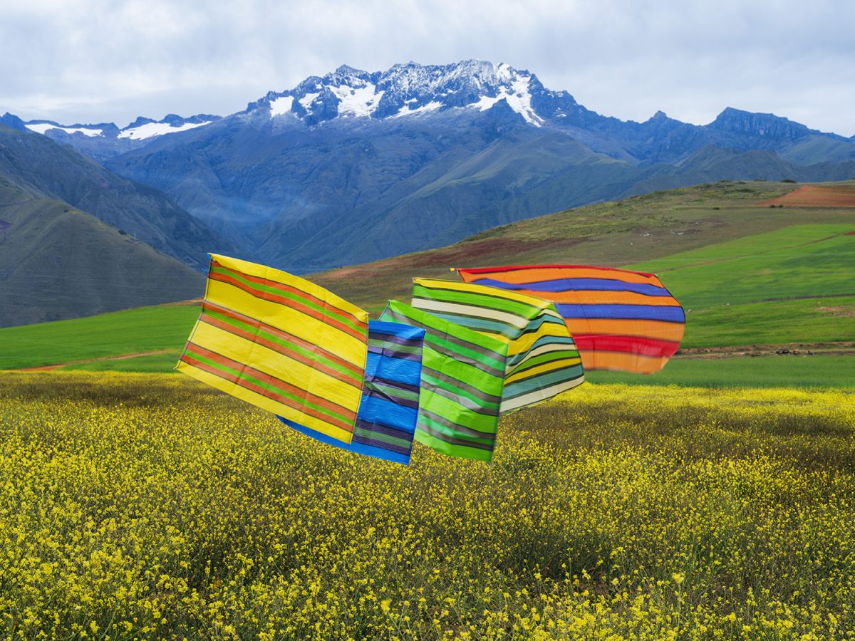 Three oversized colorful striped fabric sacks billow in the wind across a vast yellow flower field, with snow-capped mountains rising dramatically in the background under a cloudy sky.