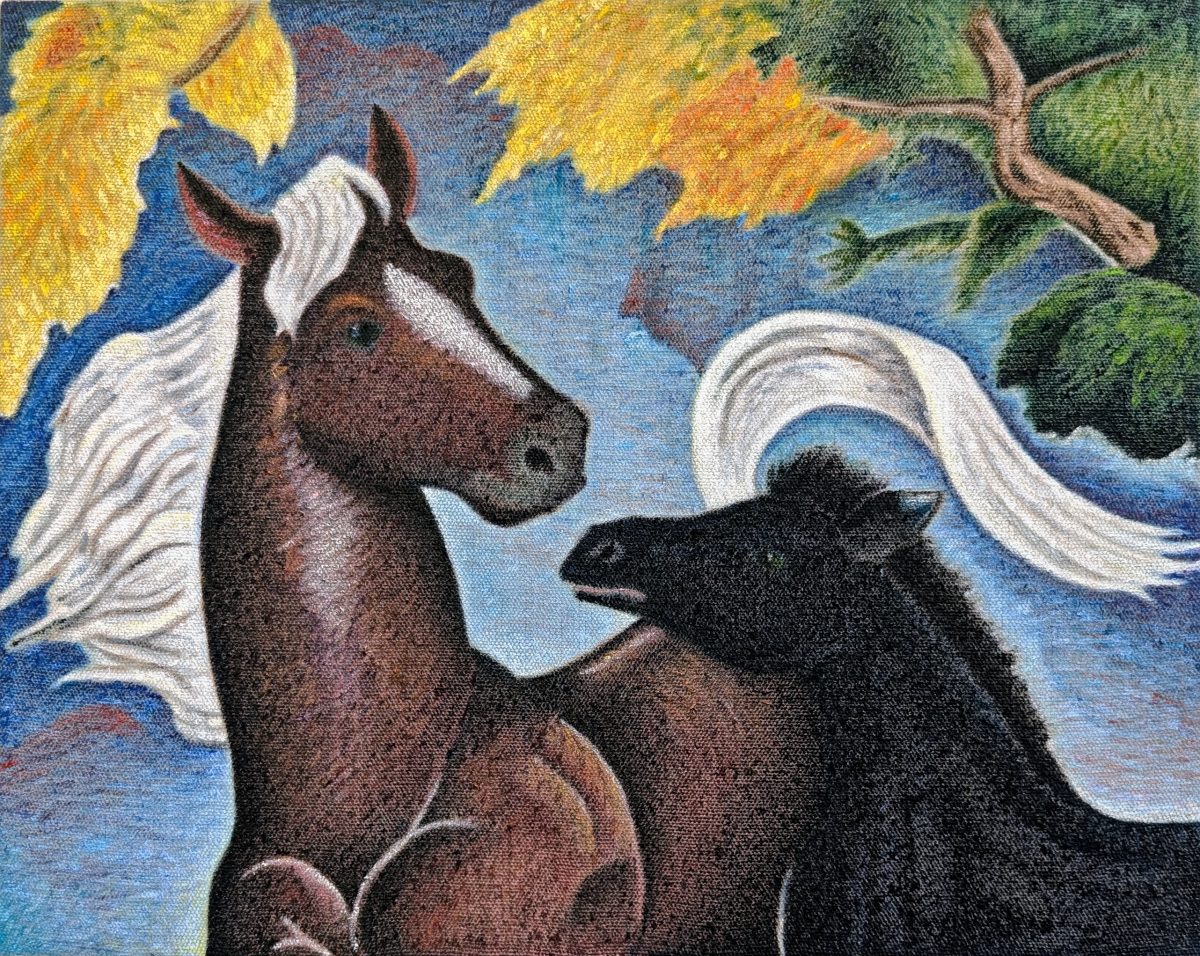 Two horses with flowing white manes face each other against a blue sky, their bodies rendered in rich browns and blacks. Golden autumn foliage and green trees frame the composition, creating a naturalistic yet stylized scene painted in vibrant acrylic colors on canvas.