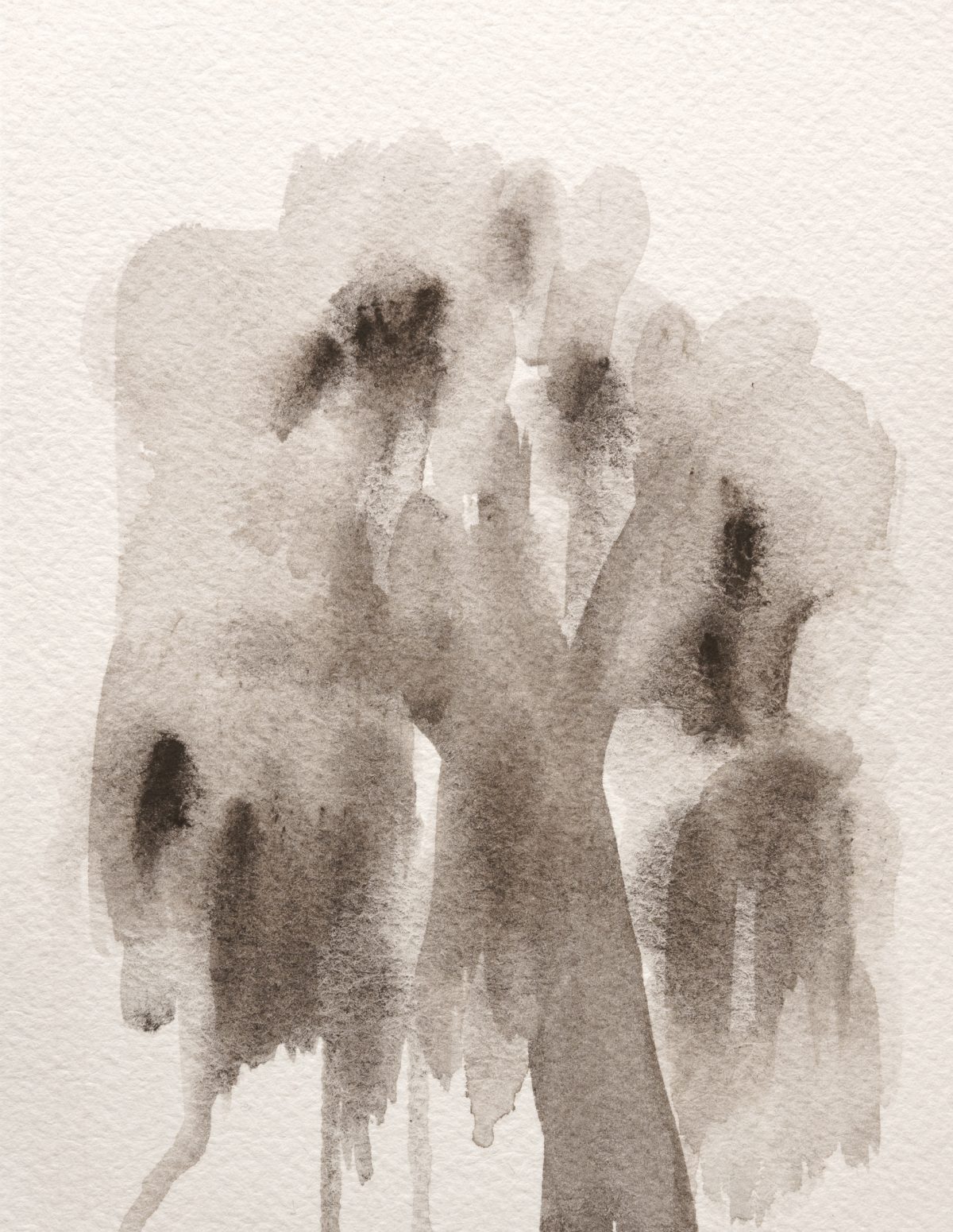 Abstract gouache painting on paper featuring layered, translucent forms in muted grays and browns. The composition shows gestural, dripping brushwork creating ethereal vertical shapes that suggest figures or architectural elements, rendered in soft washes that blur and dissolve into the cream-colored paper surface.