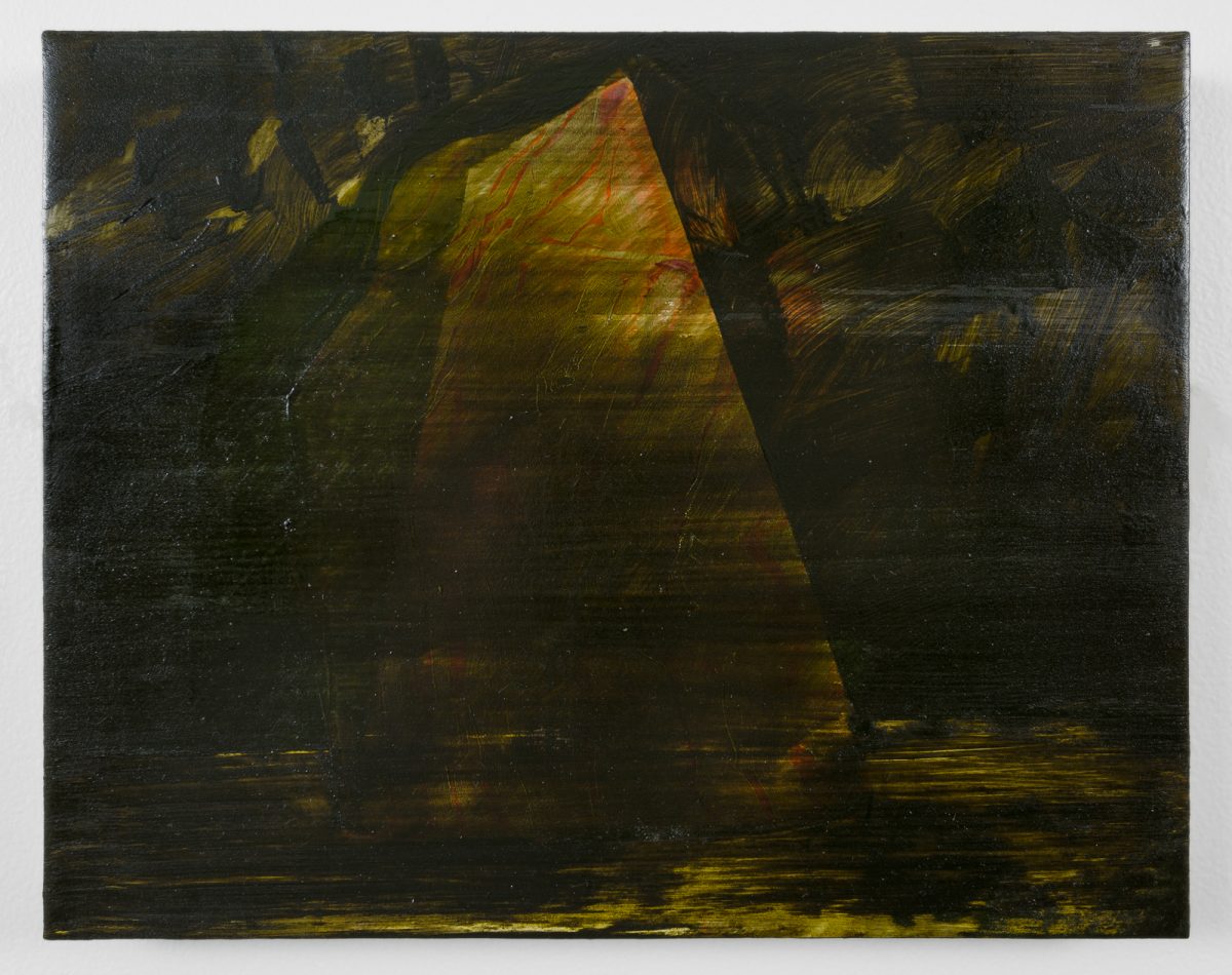 A dark, moody painting dominated by deep browns and blacks, with a luminous golden-yellow triangular form emerging from the center. Horizontal streaks of ochre and gold run across the lower portion, while the surrounding areas feature gestural brushwork creating a sense of cavernous depth and shadow.