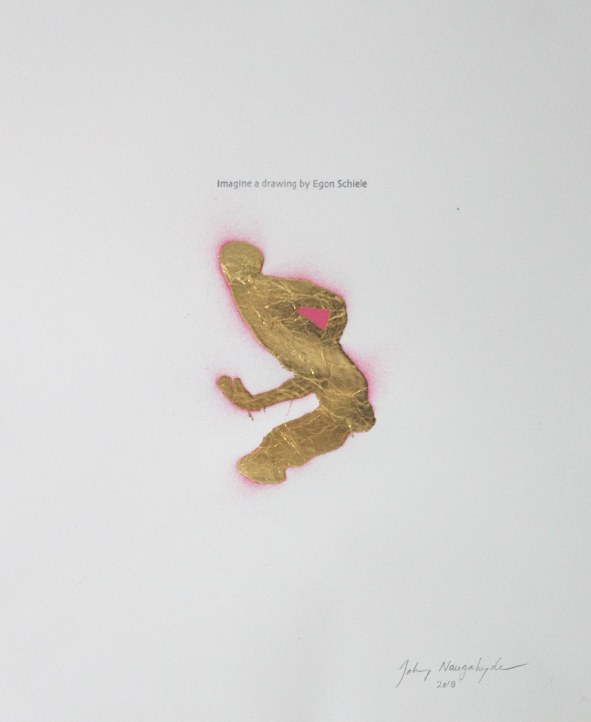 A stylized figure rendered in metallic gold leaf with a vibrant pink aura or halo effect against a light gray background. The dynamic pose shows a contorted human form in an expressive, gestural manner characteristic of early expressionist drawing.