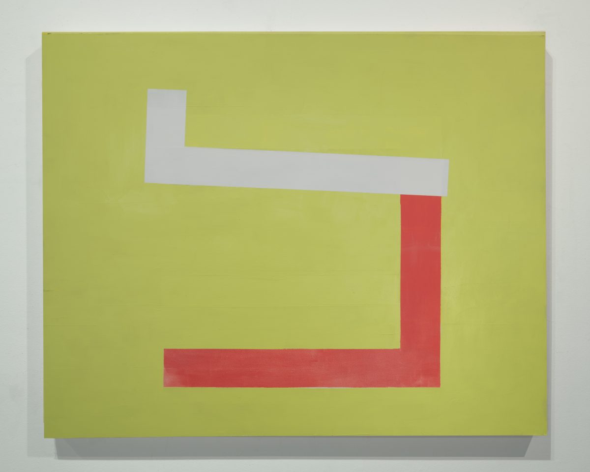 Geometric abstract composition on a chartreuse ground featuring interconnected rectangular shapes in light gray and coral red, arranged in an angular, interlocking configuration that suggests architectural or graphic design elements.