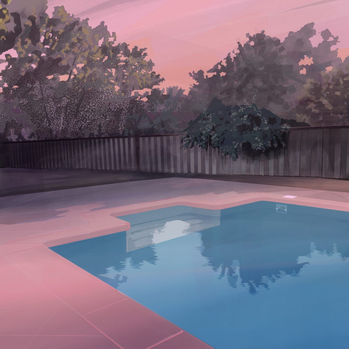 A serene backyard scene rendered in soft pastels featuring a rectangular swimming pool with clear blue water reflecting the pink-tinged sky. A wooden deck surrounds the pool, bordered by a dark fence with a cluster of green foliage. Towering trees silhouetted against a luminous pink and purple sunset dominate the background, creating a dreamlike, stylized landscape.